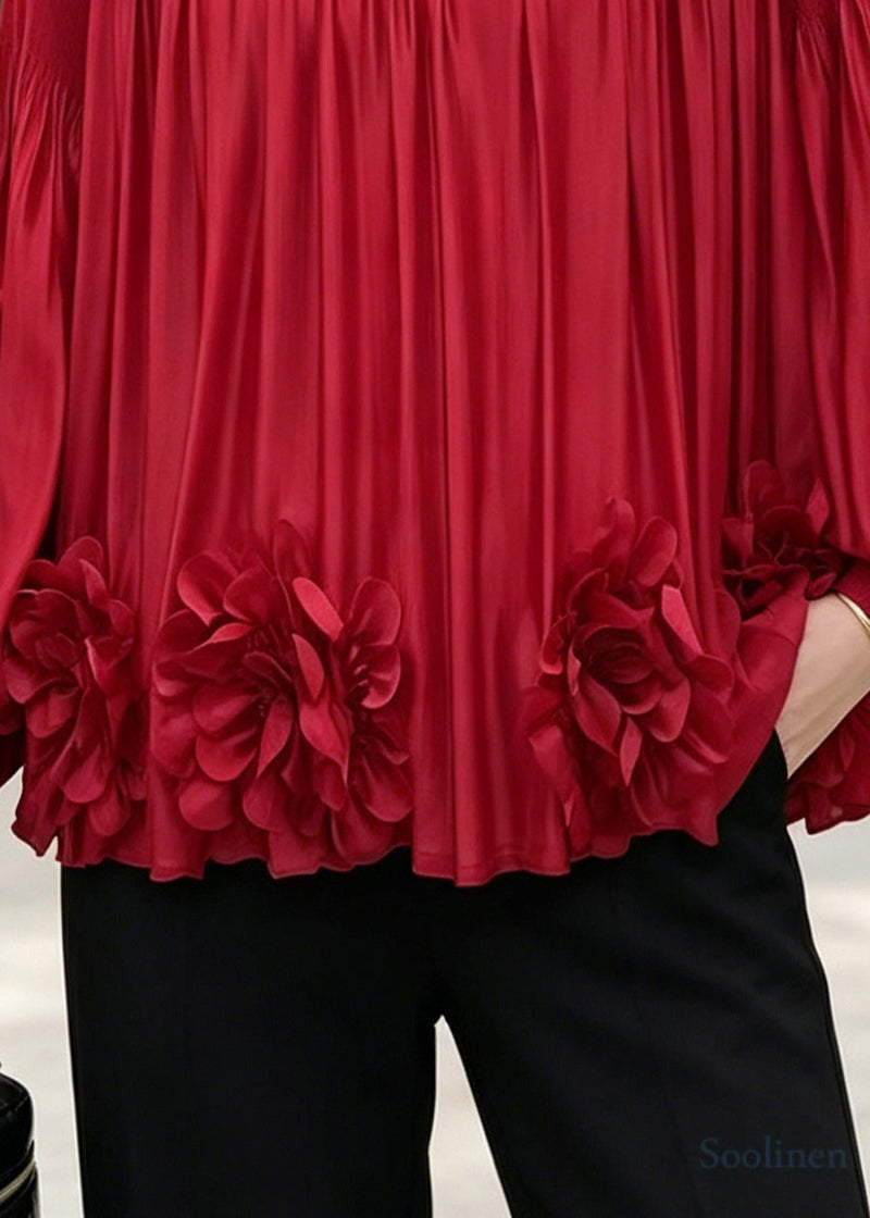 Red Oversized Chiffon Shirt Top Lantern Sleeve