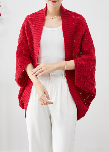 Red Oversized Hollow Out Knit Cardigan Fall