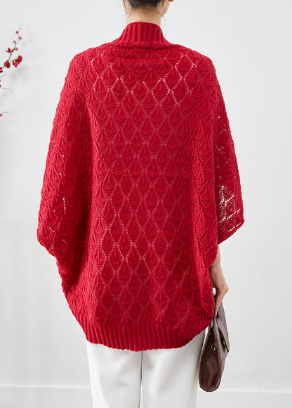 Red Oversized Hollow Out Knit Cardigan Fall