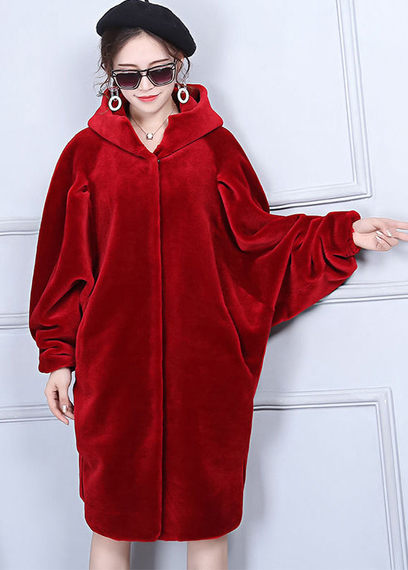 Red Oversized Wrinkled Cashmere Jackets Batwing Sleeve