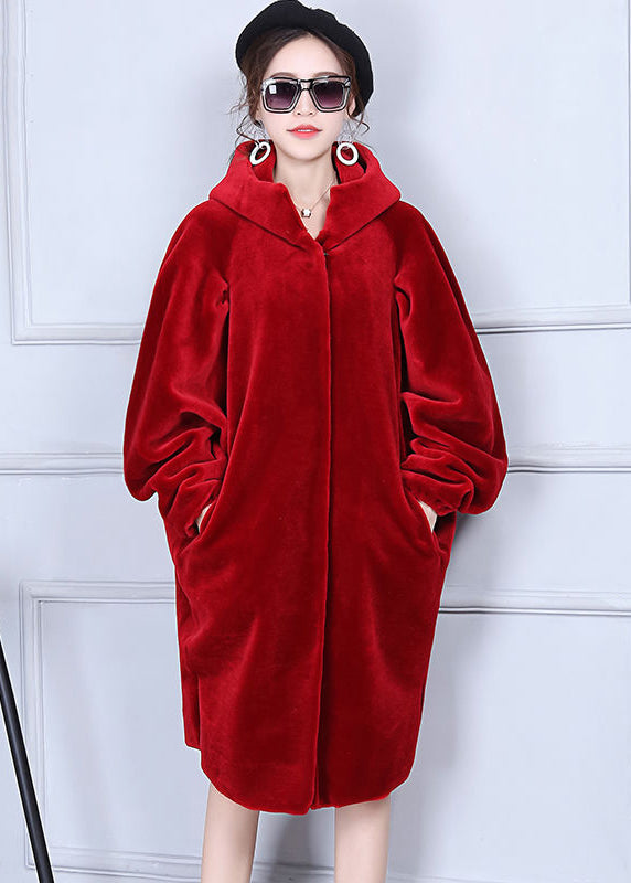 Red Oversized Wrinkled Cashmere Jackets Batwing Sleeve