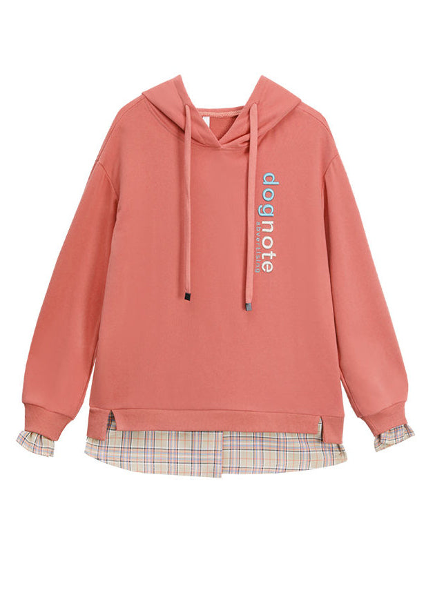 Red Patchwork Fake Two Pieces Hooded Cotton Sweatshirt Long Sleeve