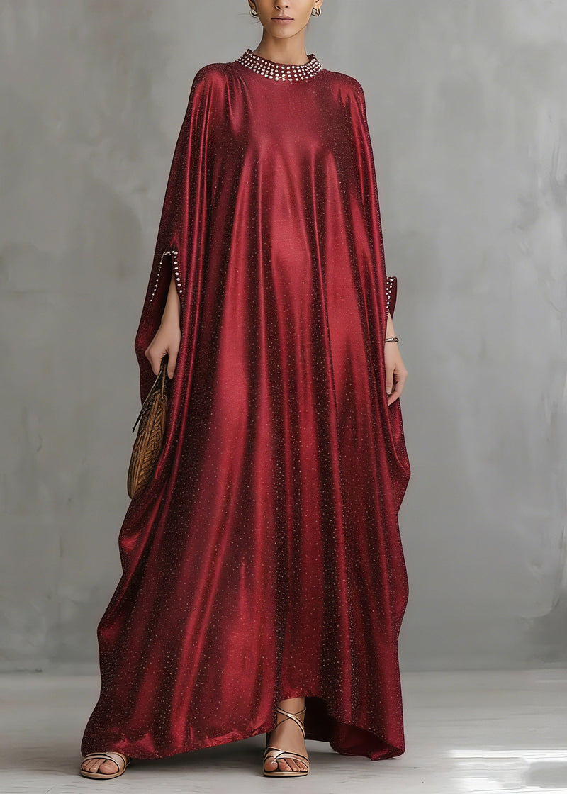 Red Patchwork Silk Maxi Dress Flare Sleeve