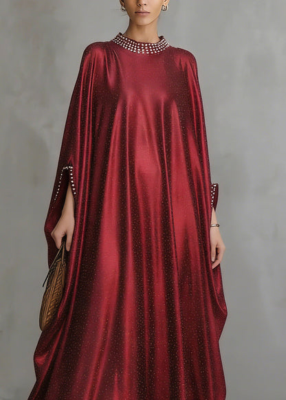 Red Patchwork Silk Maxi Dress Flare Sleeve