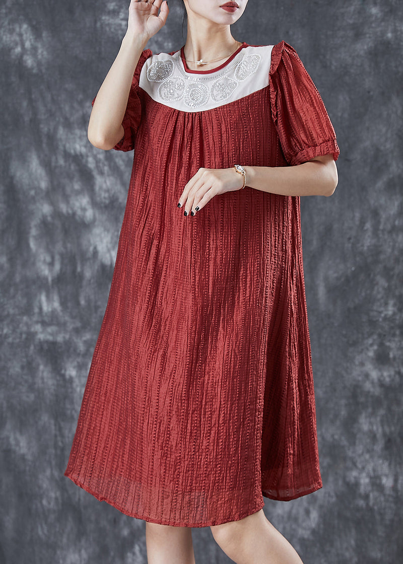 Red Patchwork Wrinkled Silk Dresses Summer
