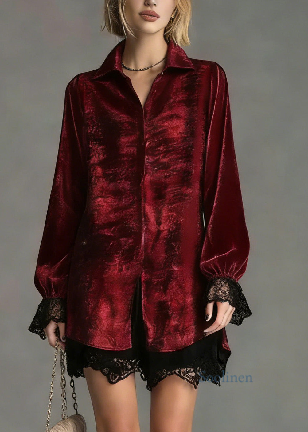 Fashion Red Peter Pan Collar Lace Patchwork Silk Shirt Top Spring