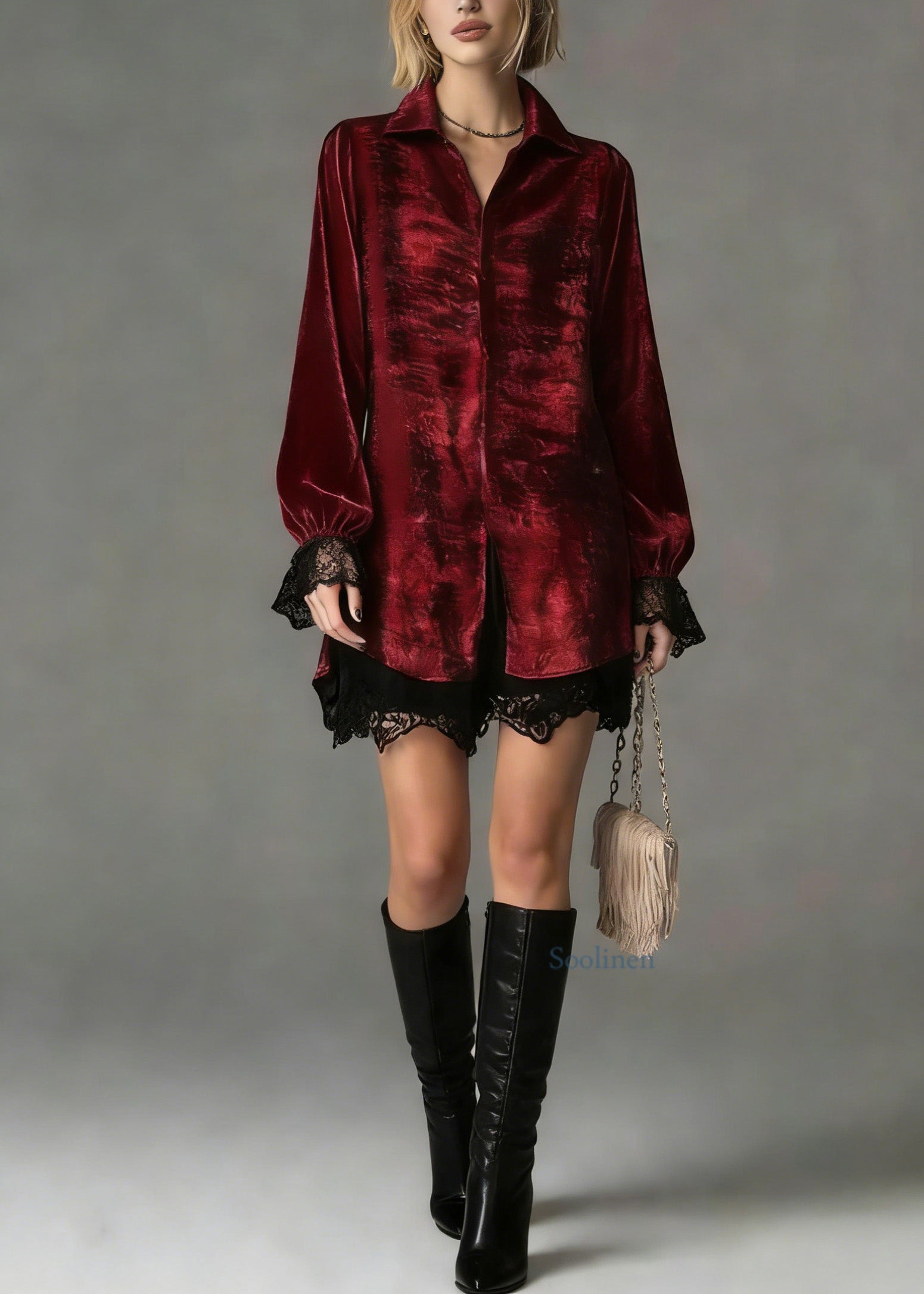 Fashion Red Peter Pan Collar Lace Patchwork Silk Shirt Top Spring