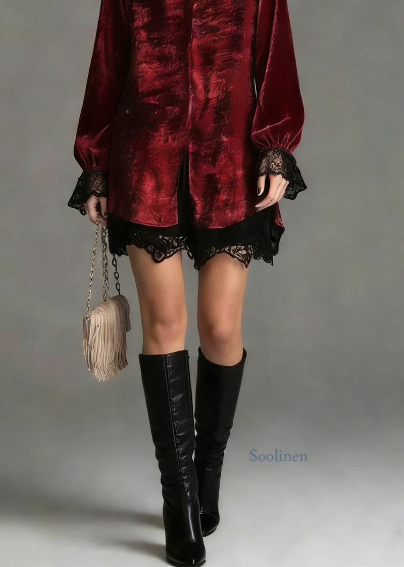 Red Peter Pan Collar Lace Patchwork Silk Shirt Top Spring