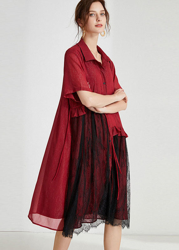Red Peter Pan Collar Lace Patchwork Tasseled Chiffon Day Dress Spring