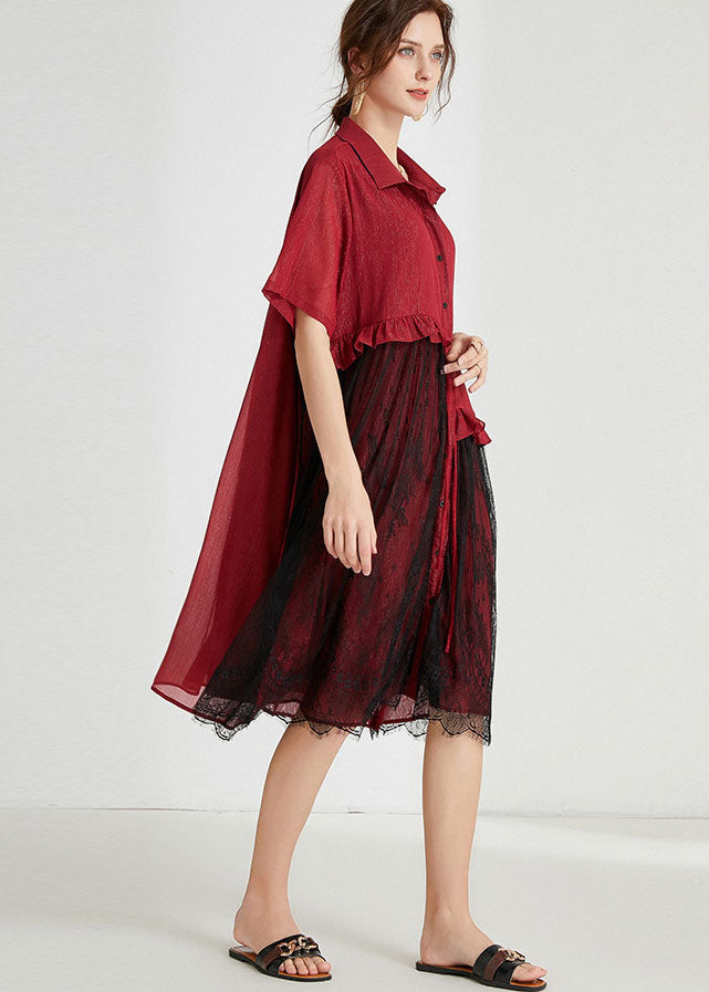 Red Peter Pan Collar Lace Patchwork Tasseled Chiffon Day Dress Spring