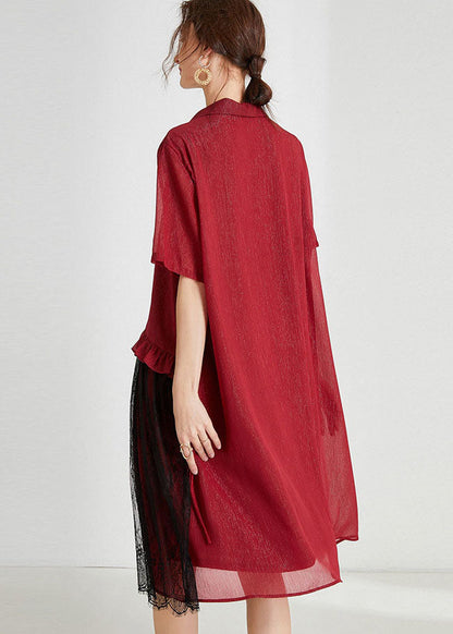 Red Peter Pan Collar Lace Patchwork Tasseled Chiffon Day Dress Spring