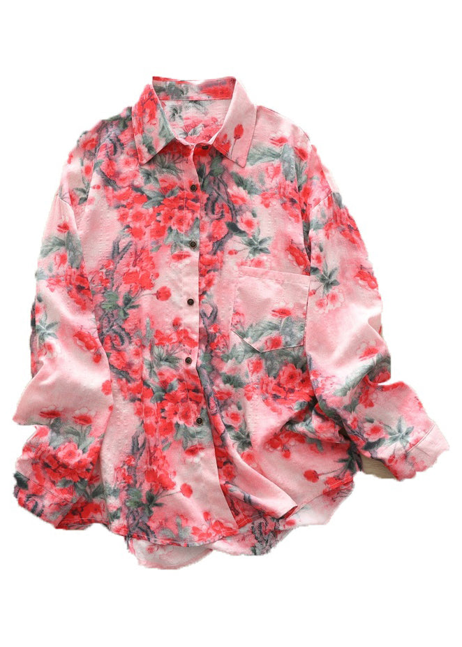 Red Peter Pan Collar Print Button Shirts Long Sleeve