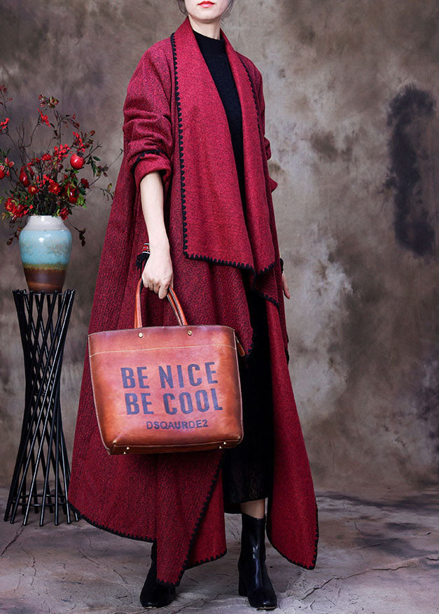 Red Peter Pan Collar Asymmetrical Design Pockets Cashmere Coats Spring