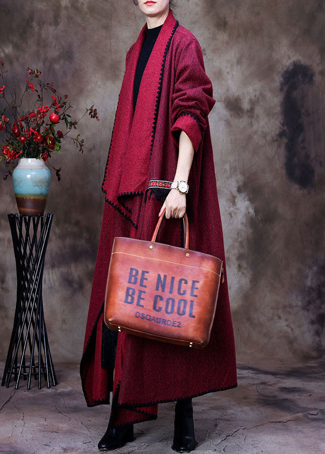 Red Peter Pan Collar Asymmetrical Design Pockets Cashmere Coats Spring
