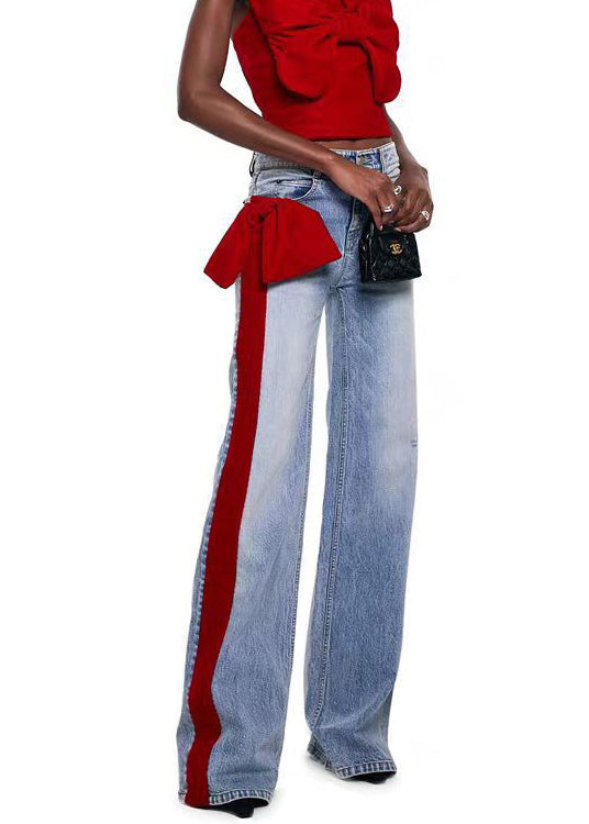 Red Pockets Bow Patchwork Denim Pants Spring