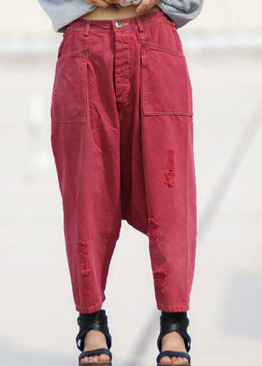 Red Pockets Patchwork Denim Harem Crop Pants Spring