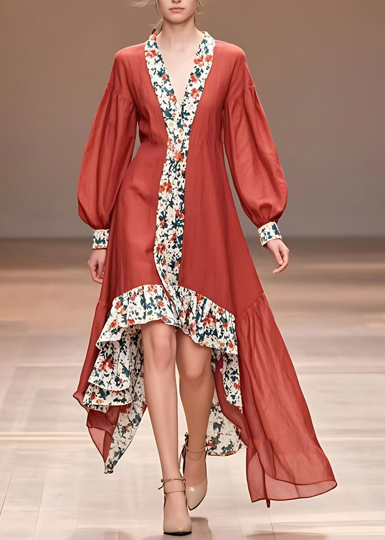 Red Print Asymmetrical Long Dresses Fall