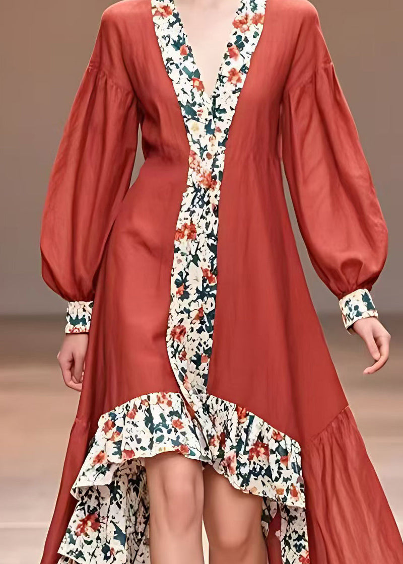 Red Print Asymmetrical Long Dresses Fall