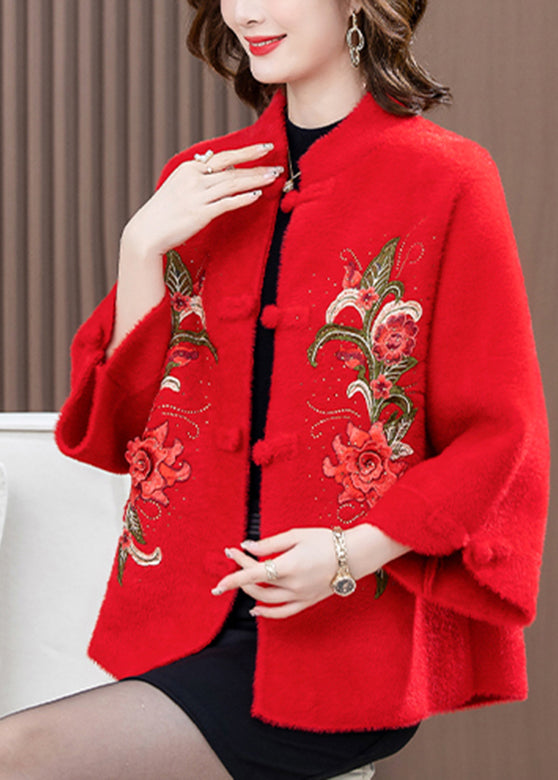 Red Print Patchwork Mink Velvet Woolen Coat Spring