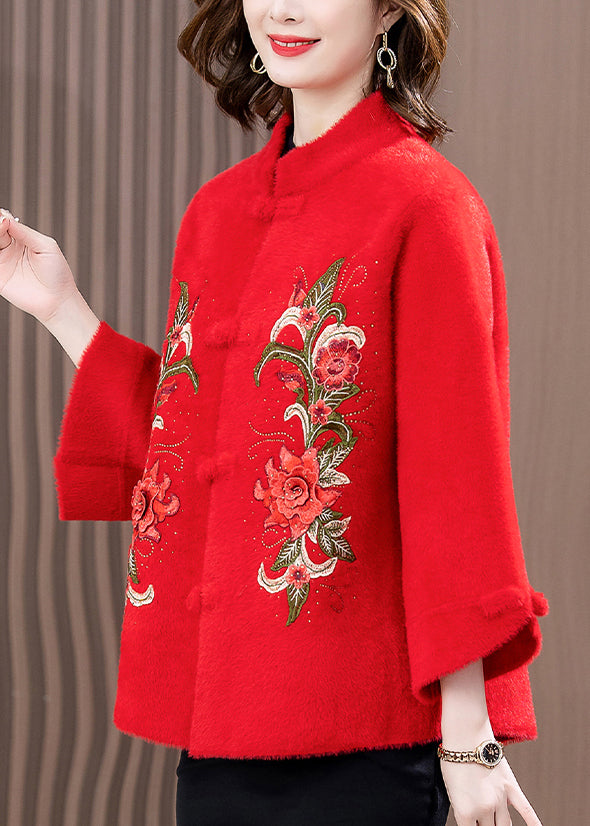 Red Print Patchwork Mink Velvet Woolen Coat Spring