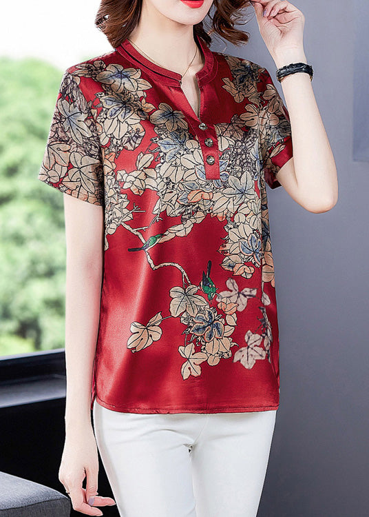 Red Print Silk Shirt Summer