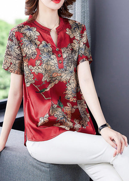 Red Print Silk Shirt Summer