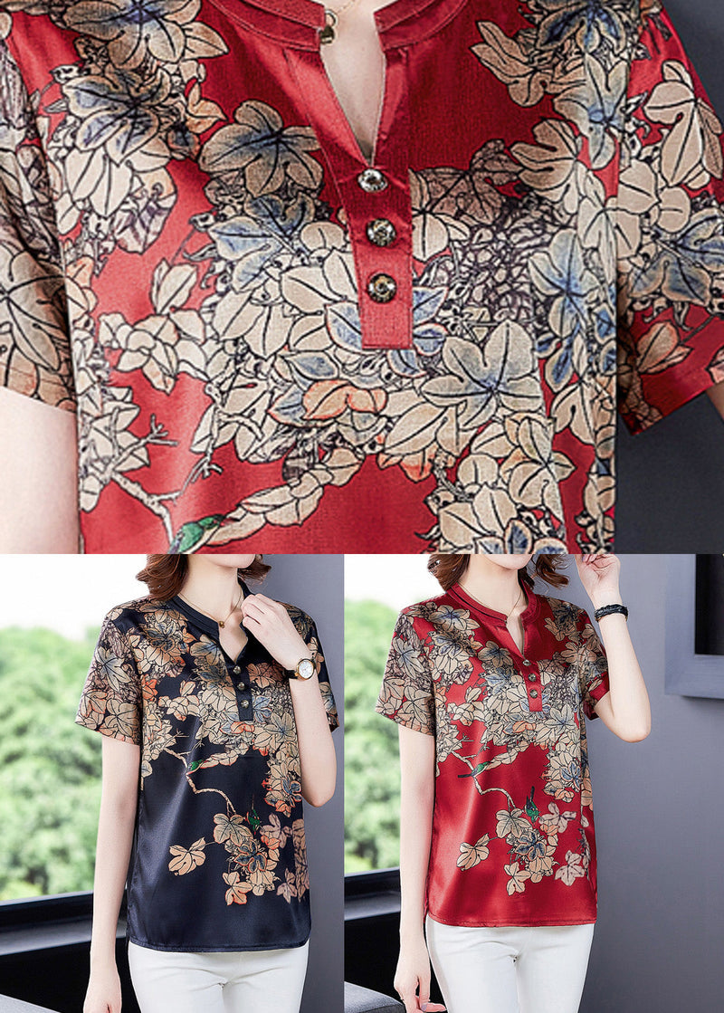 Red Print Silk Shirt Summer