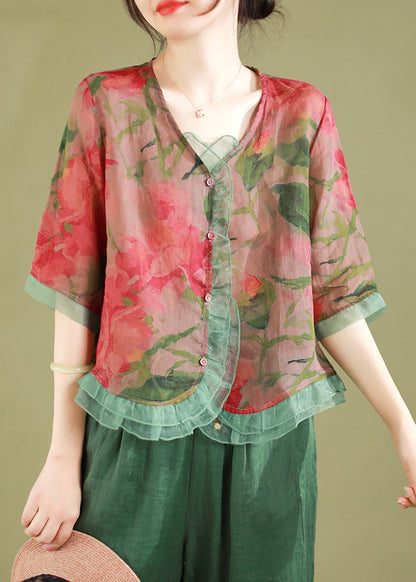Gray-geometry Ruffled Button Patchwork Linen Blouse Top Summer