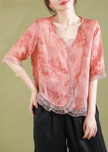 Gray-geometry Ruffled Button Patchwork Linen Blouse Top Summer