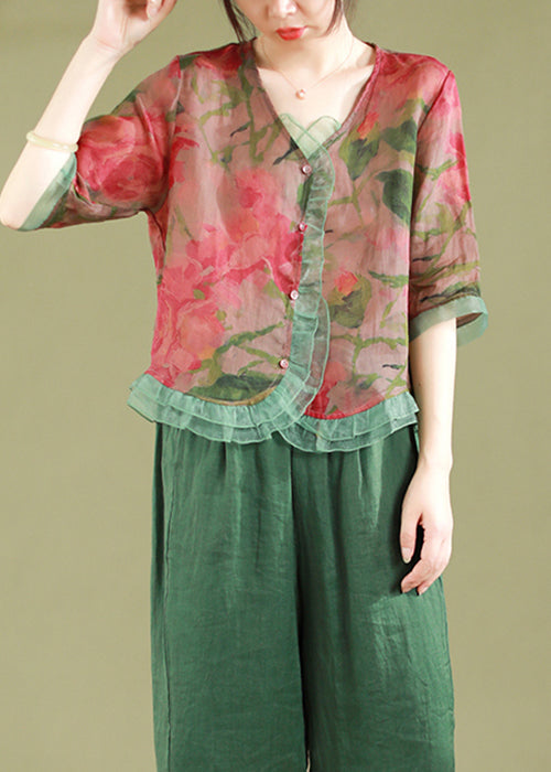 Pink Polka Dots Ruffled Button Patchwork Linen Blouse Top Summer
