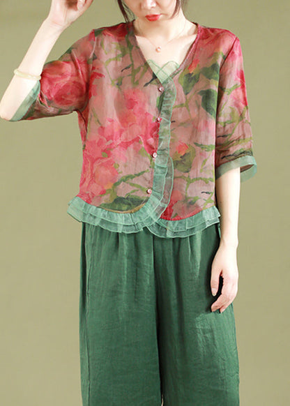 Pink Polka Dots Ruffled Button Patchwork Linen Blouse Top Summer