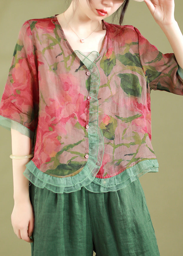 Gray-geometry Ruffled Button Patchwork Linen Blouse Top Summer
