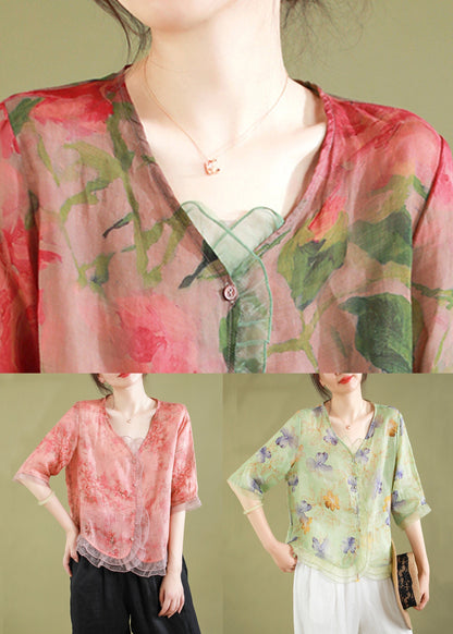Pink Polka Dots Ruffled Button Patchwork Linen Blouse Top Summer