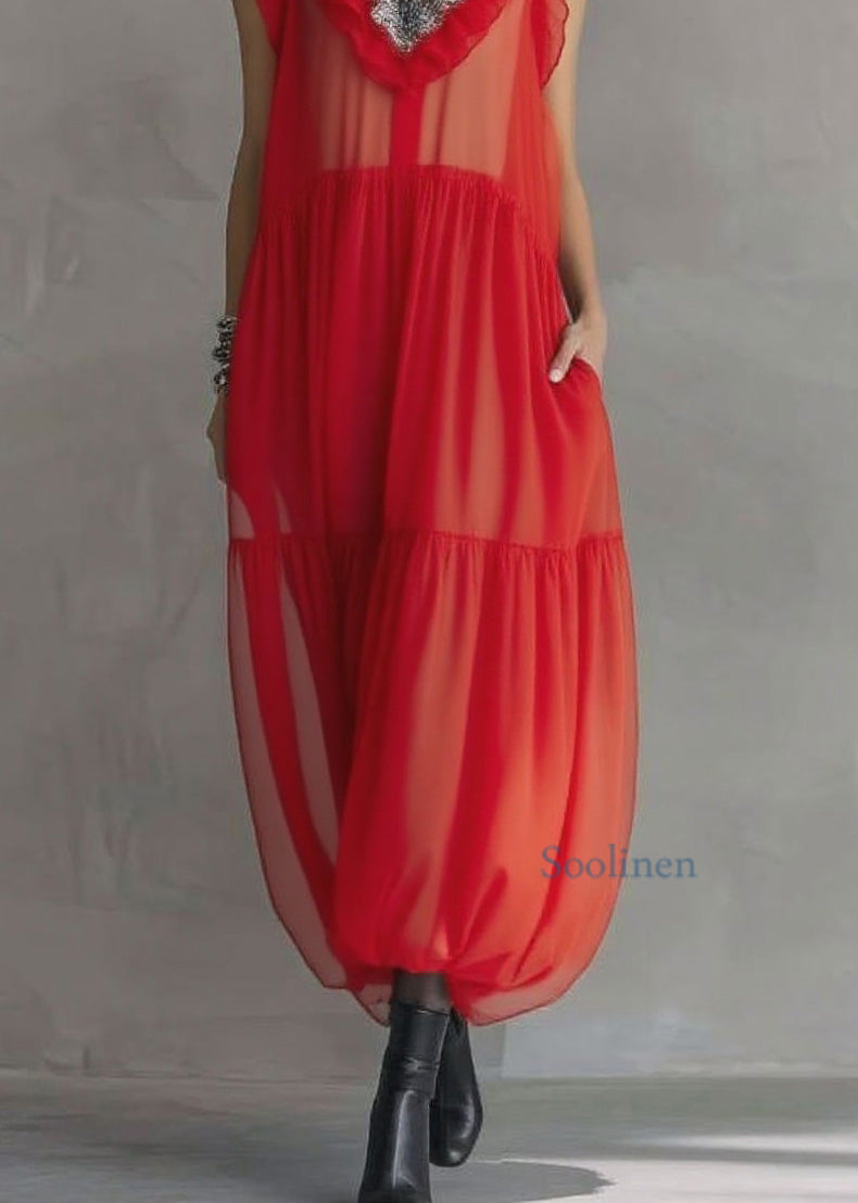 Red Ruffled Patchwork Chiffon Long Dress Sleeveless