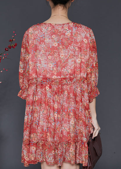 Red Ruffled Print Chiffon Mini Dress Summer