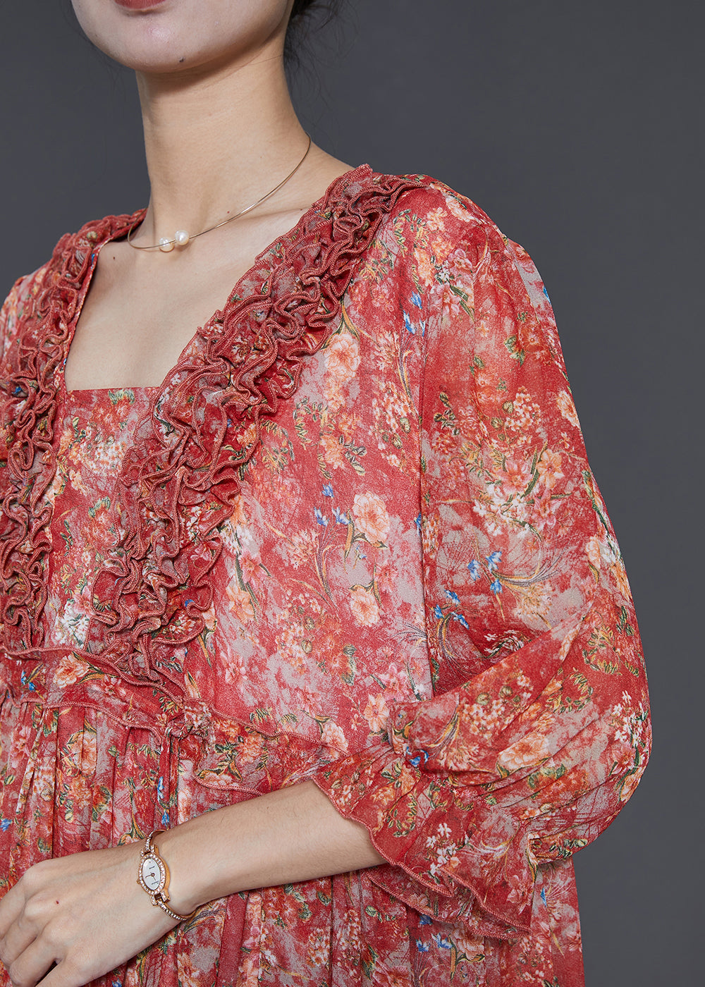 Red Ruffled Print Chiffon Mini Dress Summer