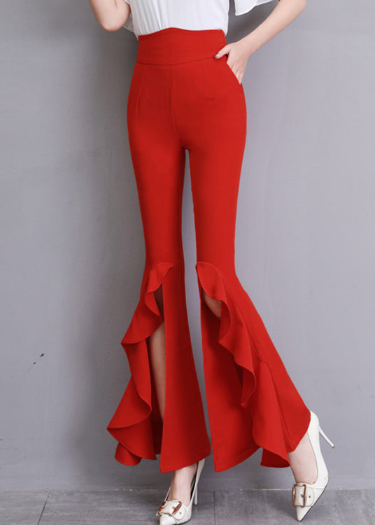 Red Ruffled Side Open Slim Bell Bottomed Trousers Summer