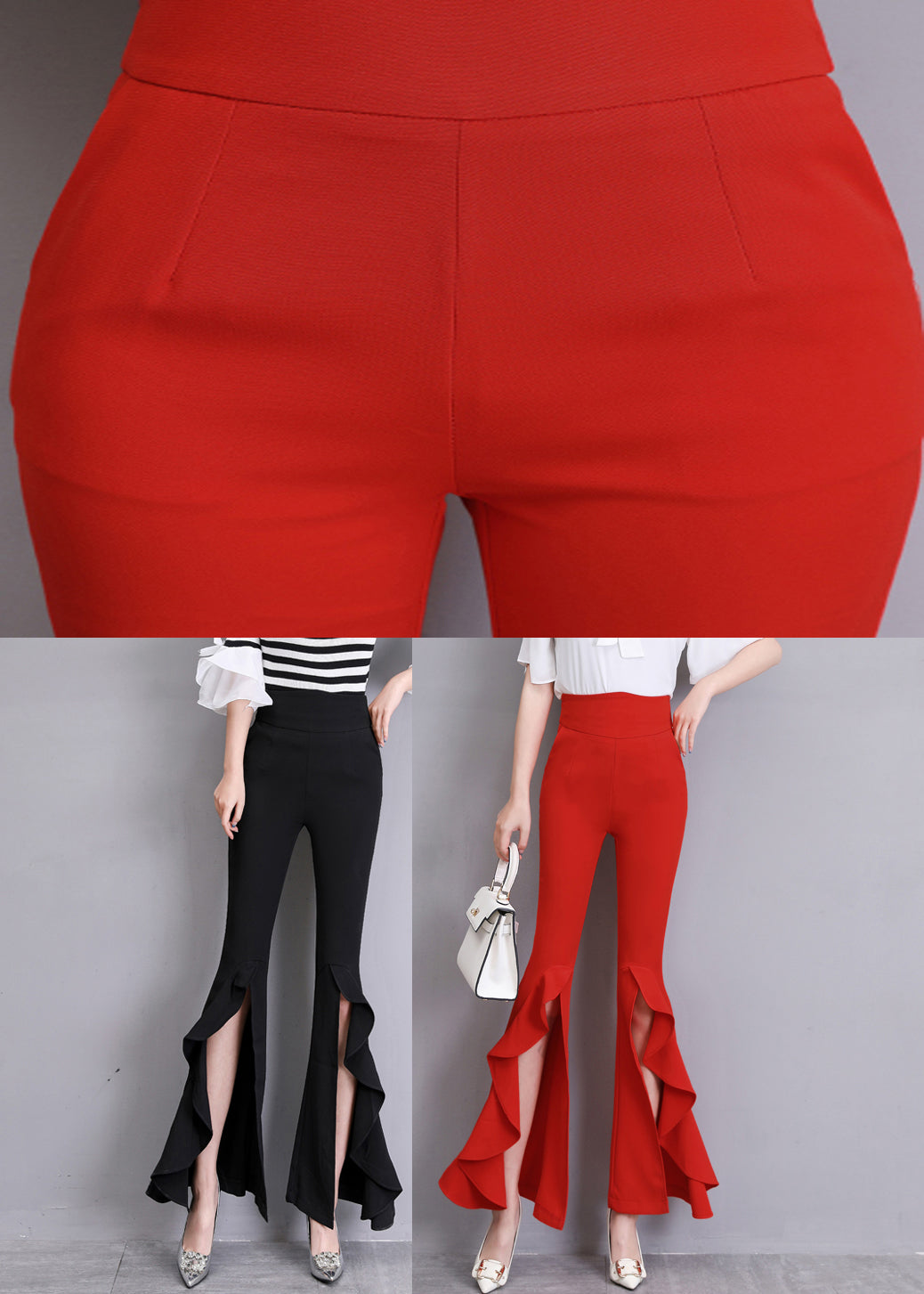 Red Ruffled Side Open Slim Bell Bottomed Trousers Summer