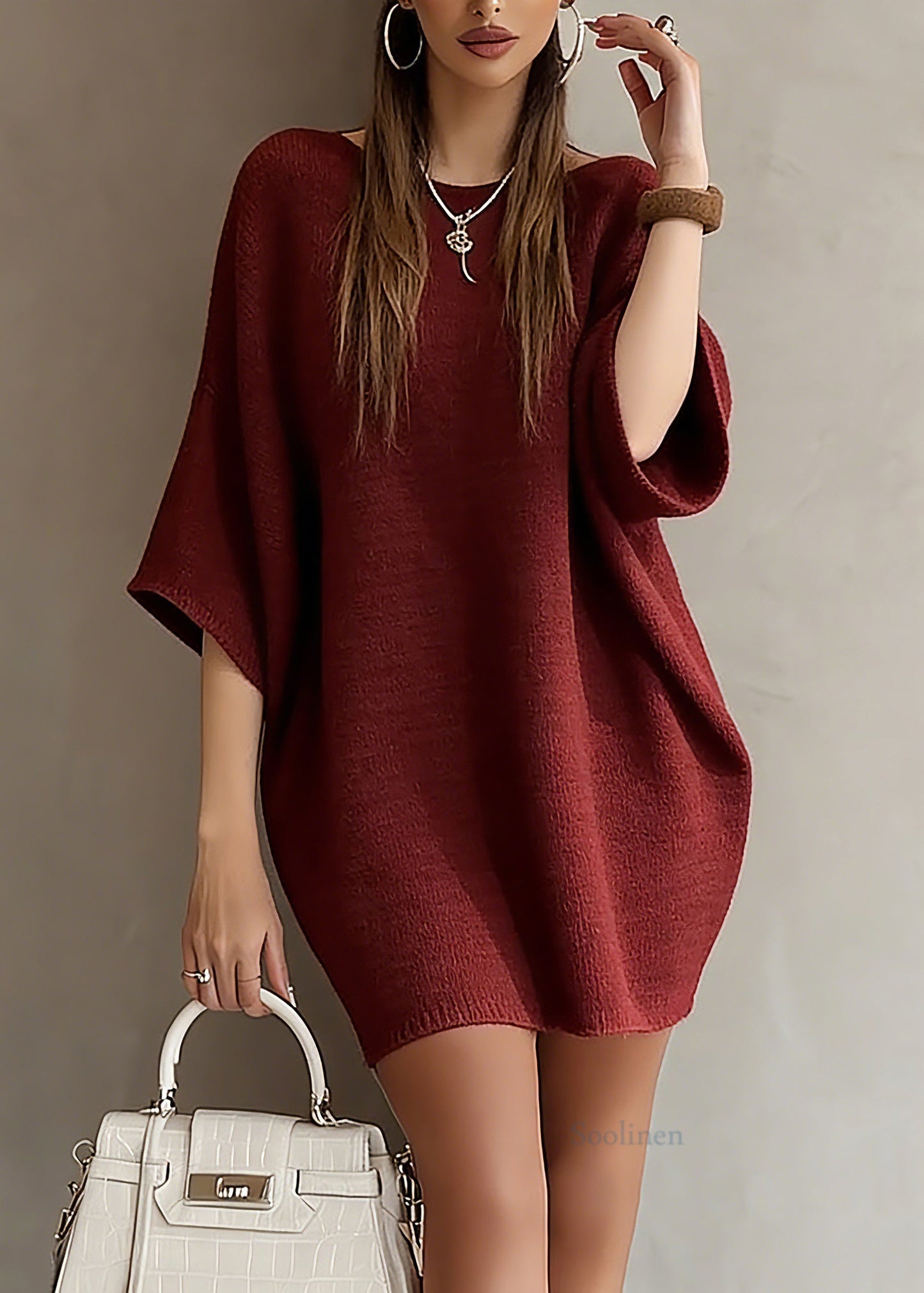 Red Slash Neck Knit Sweater Dress Batwing Sleeve