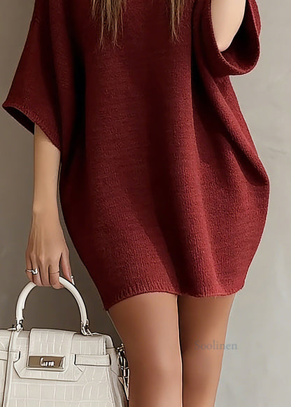 Red Slash Neck Knit Sweater Dress Batwing Sleeve