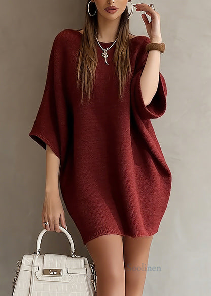 Red Slash Neck Knit Sweater Dress Batwing Sleeve