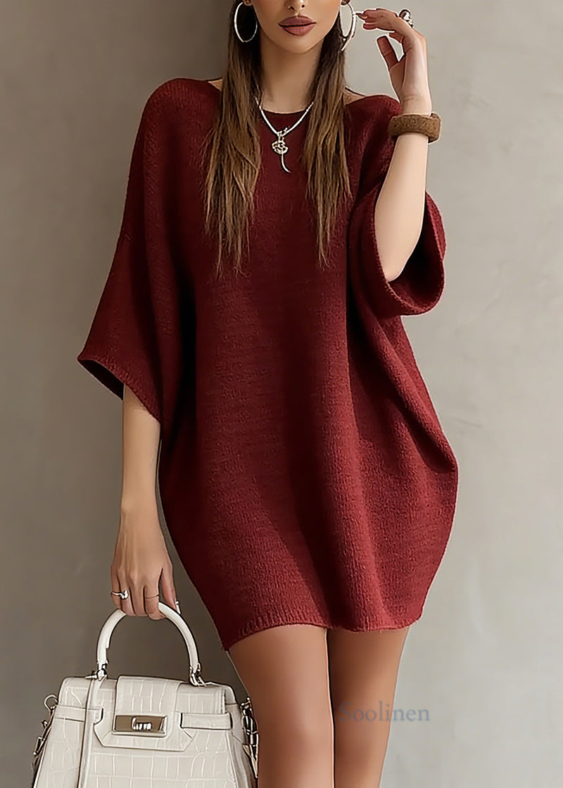 Red Slash Neck Knit Sweater Dress Batwing Sleeve