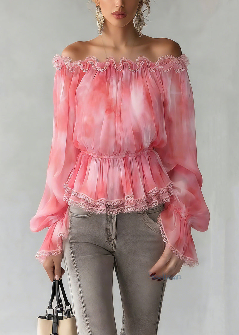 Red Slash Neck Patchwork Tunic Silk Shirts Spring