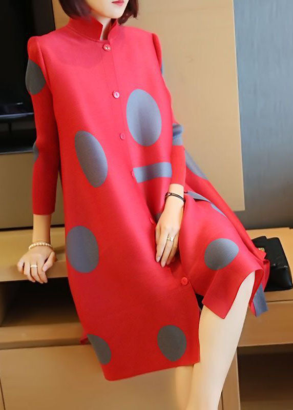 Red Stand Collar Dot Print Side Open Holiday Dresses Spring