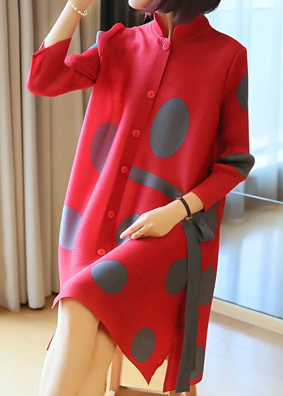 Red Stand Collar Dot Print Side Open Holiday Dresses Spring