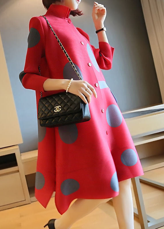 Red Stand Collar Dot Print Side Open Holiday Dresses Spring