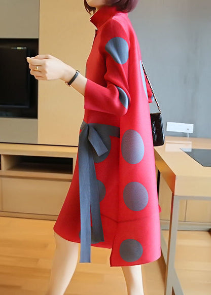 Red Stand Collar Dot Print Side Open Holiday Dresses Spring