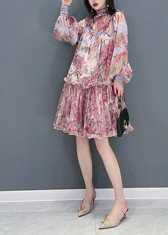 Red Stand Collar Ruffled Print Chiffon Dress Long Sleeve