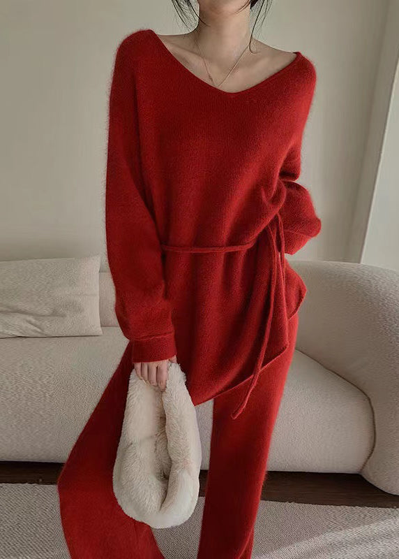 Red Sweaters and Pants Knit 2 Piece Outfit Spring