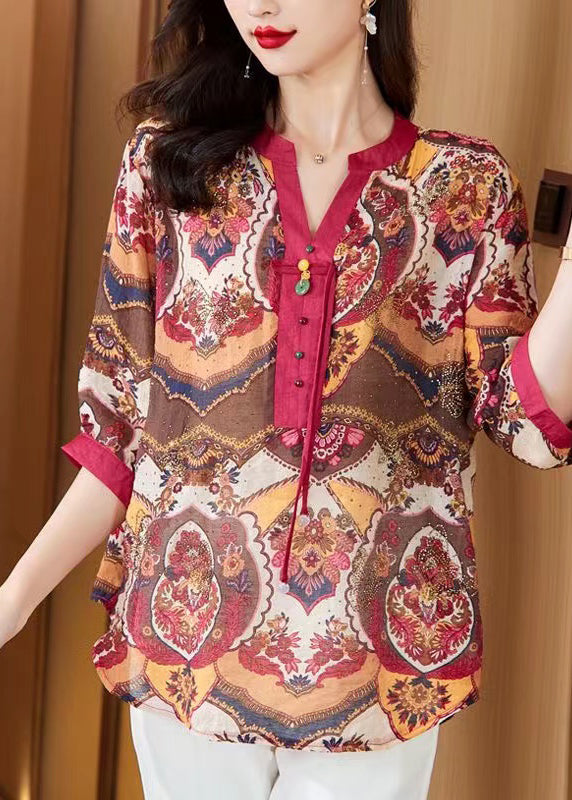 Red Tasseled Print Cotton Blouse Tops Half Sleeve